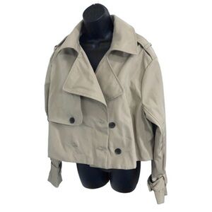 Stoosh tan beige‎ cropped classic double breasted trench coat jacket size Large